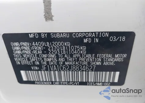 2018 Subaru Wrx Premium из США, поврежденный, VIN JF1VA1C62J8834627